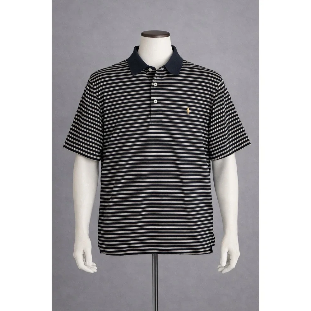 Polo Ralph Lauren Golf Shirt Mens Size Small Black/Tan Striped Pima Cotton Rugby